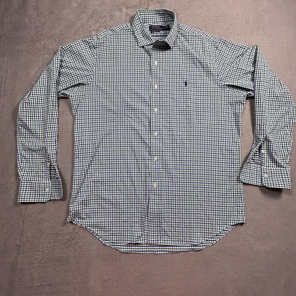 Polo Ralph Lauren Button Shirt Mens Large Performance Green Blue Gingham Stretch
